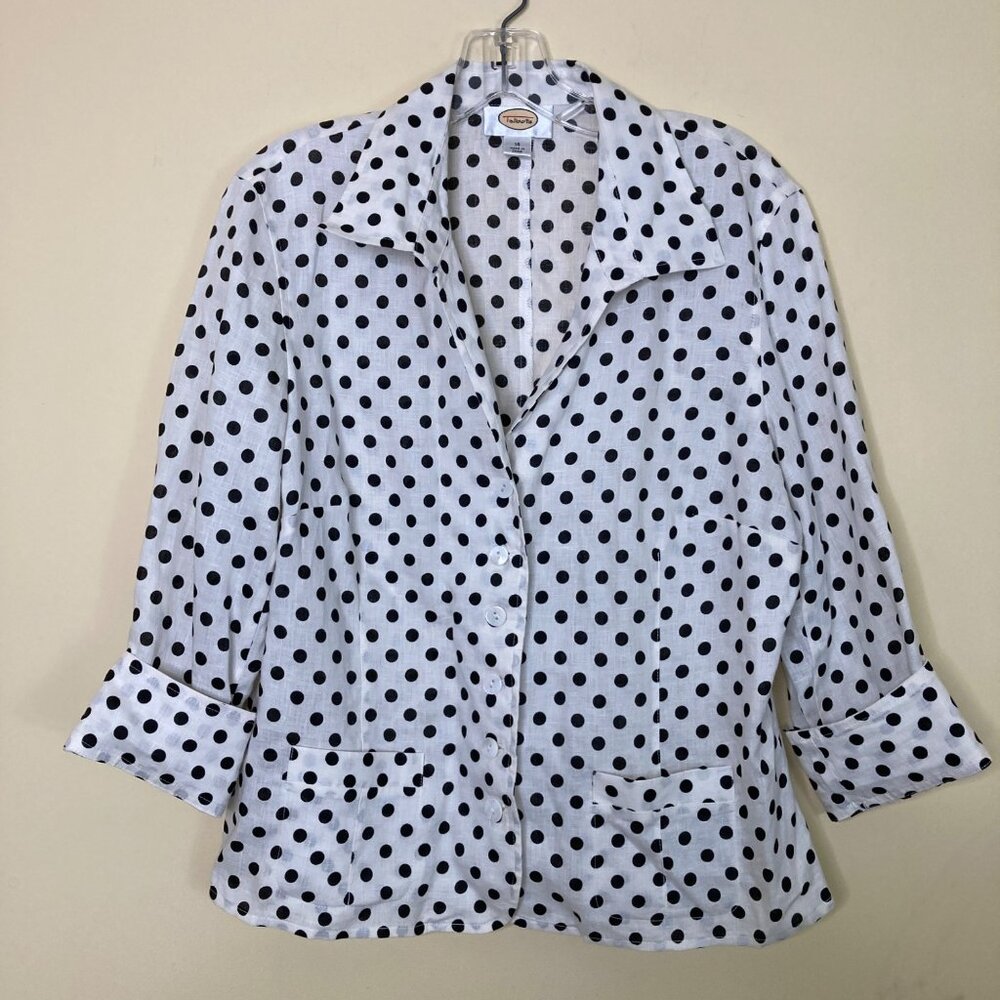 Talbots Blouse 14 White Black Polka Dot Fitted 100% Linen Preppy